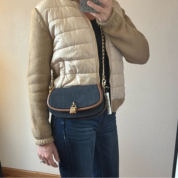 Michael Kors MILA EW Sling Crossbody Handbag Denim Navy/Brown, Chain Link Strap - Picture 3 of 10